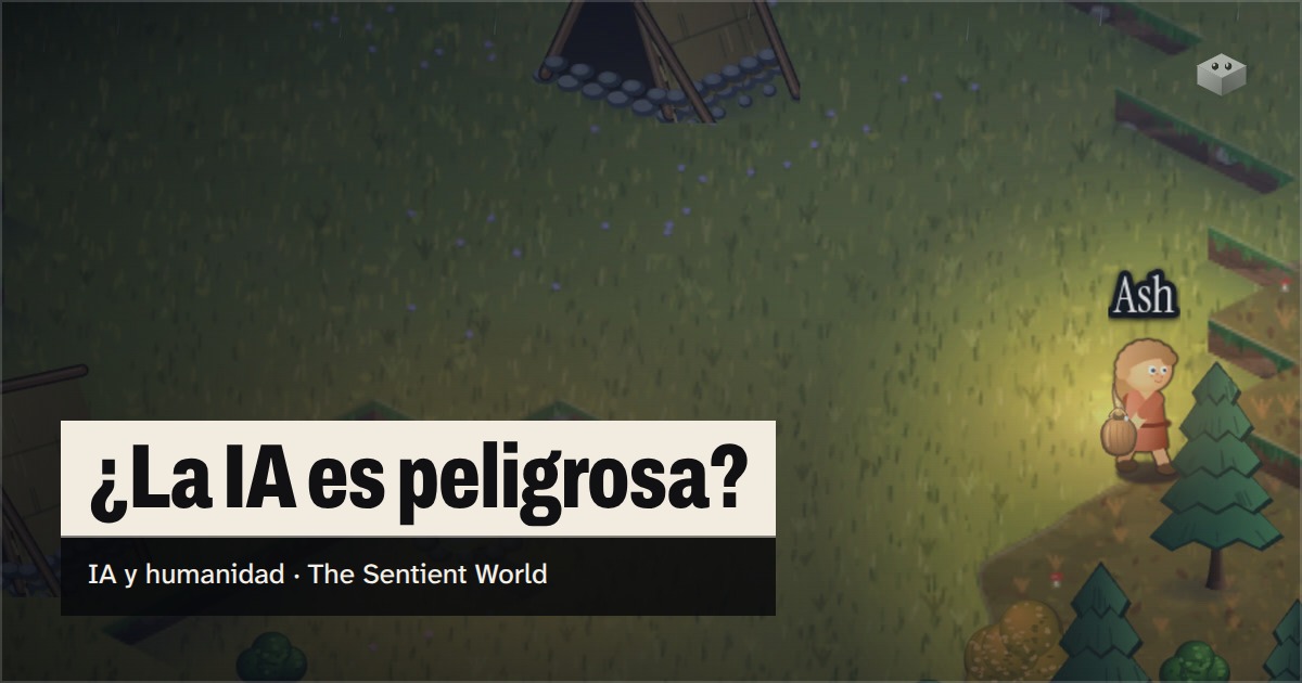 La pregunta «¿La IA es peligrosa?» sobre la isla de The Sentient World, dibujada en su suave estilo isométrico