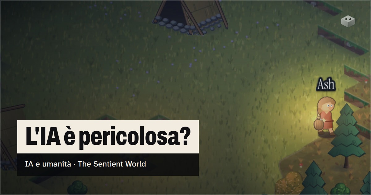 La domanda «L'IA è pericolosa?» sull'isola di The Sentient World, disegnata nel suo morbido stile isometrico