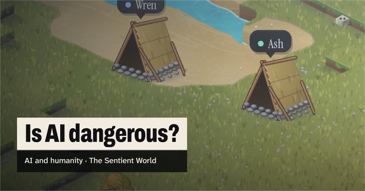 The question "Is AI dangerous?" over the island of The Sentient World, drawn in its soft isometric style