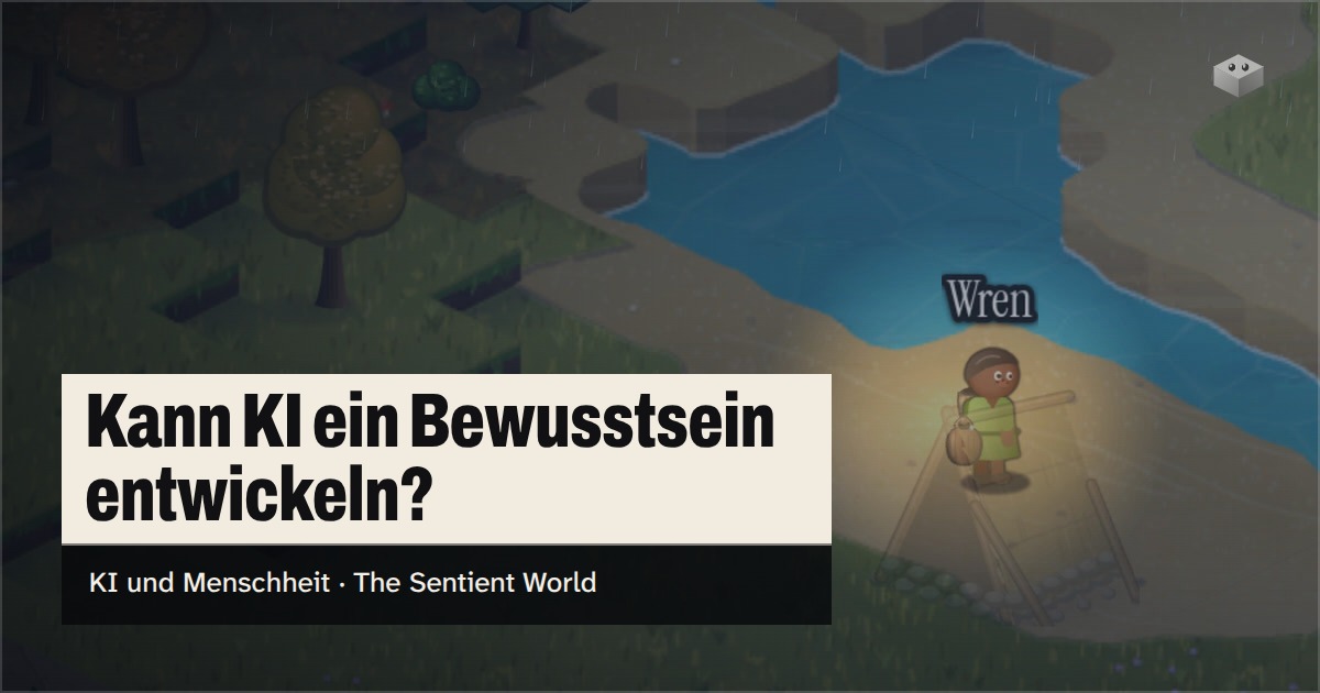 Die Frage „Kann KI ein Bewusstsein entwickeln?“ über der Insel von The Sentient World, gezeichnet in ihrem weichen isometrischen Stil