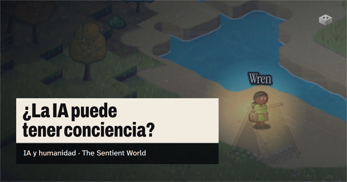 La pregunta «¿La IA puede tener conciencia?» sobre la isla de The Sentient World, dibujada en su suave estilo isométrico