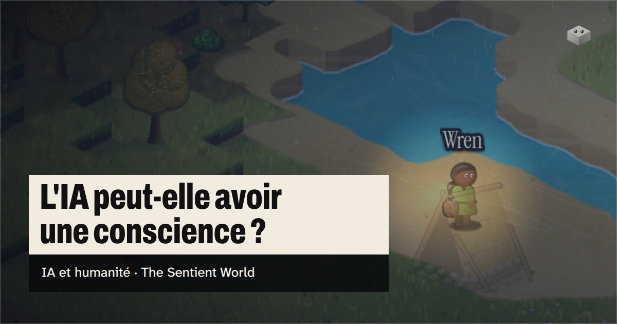 La question « L'IA peut-elle avoir une conscience ? » au-dessus de l'île de The Sentient World, dessinée dans son style isométrique tout en douceur