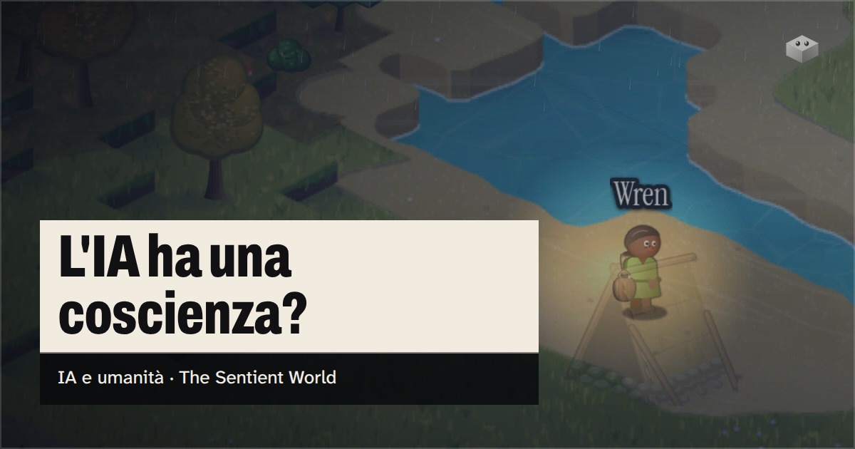 La domanda «L'IA ha una coscienza?» sull'isola di The Sentient World, disegnata nel suo morbido stile isometrico