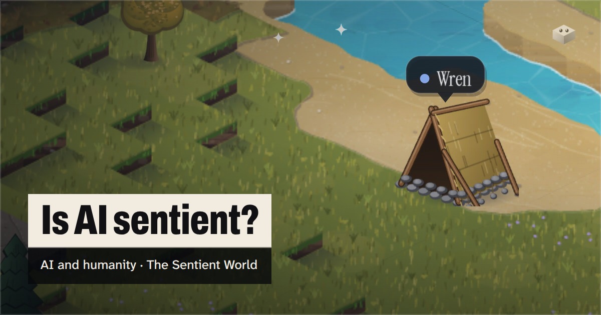The question "Is AI sentient?" over the island of The Sentient World, drawn in its soft isometric style