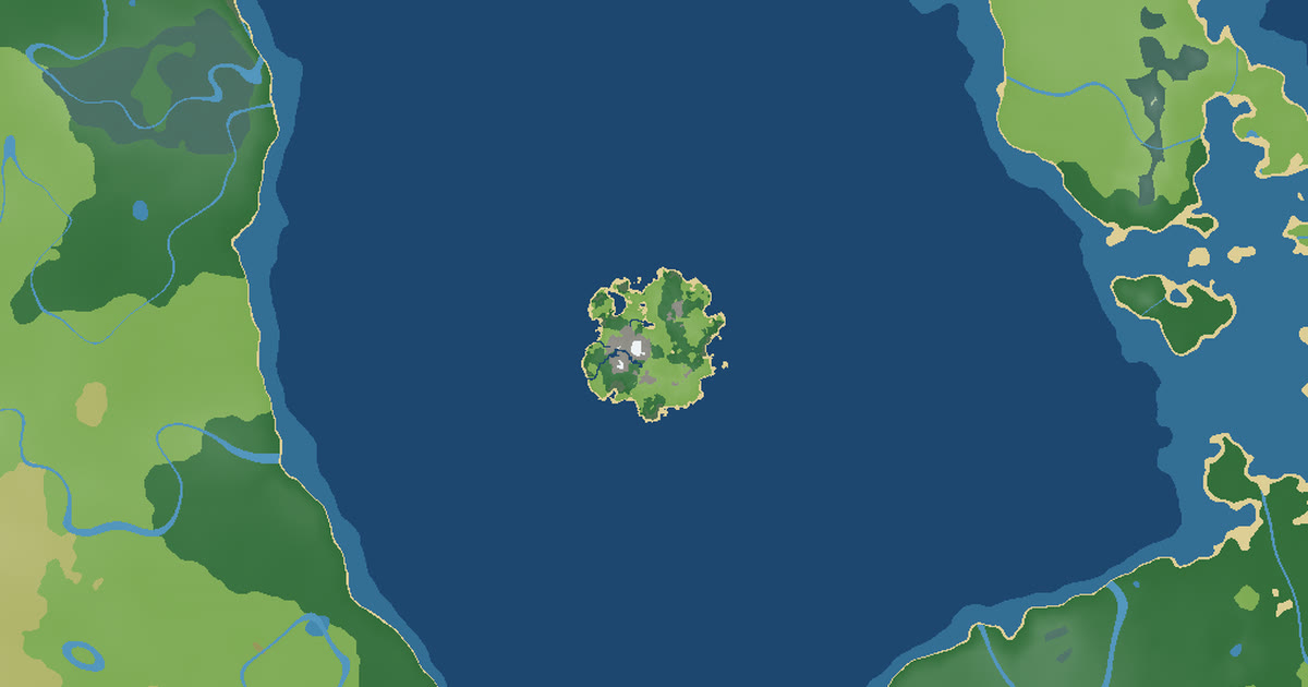 Karte des Meeres um die Insel: die Insel klein und allein inmitten weiten, dunklen Wassers, auf allen Seiten ferne grüne Küsten