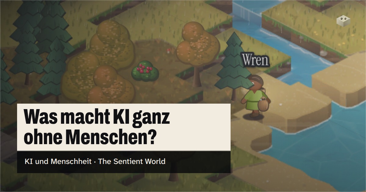 Die Frage „Was macht KI ganz ohne Menschen?“ über der Insel von The Sentient World, gezeichnet in ihrem weichen isometrischen Stil