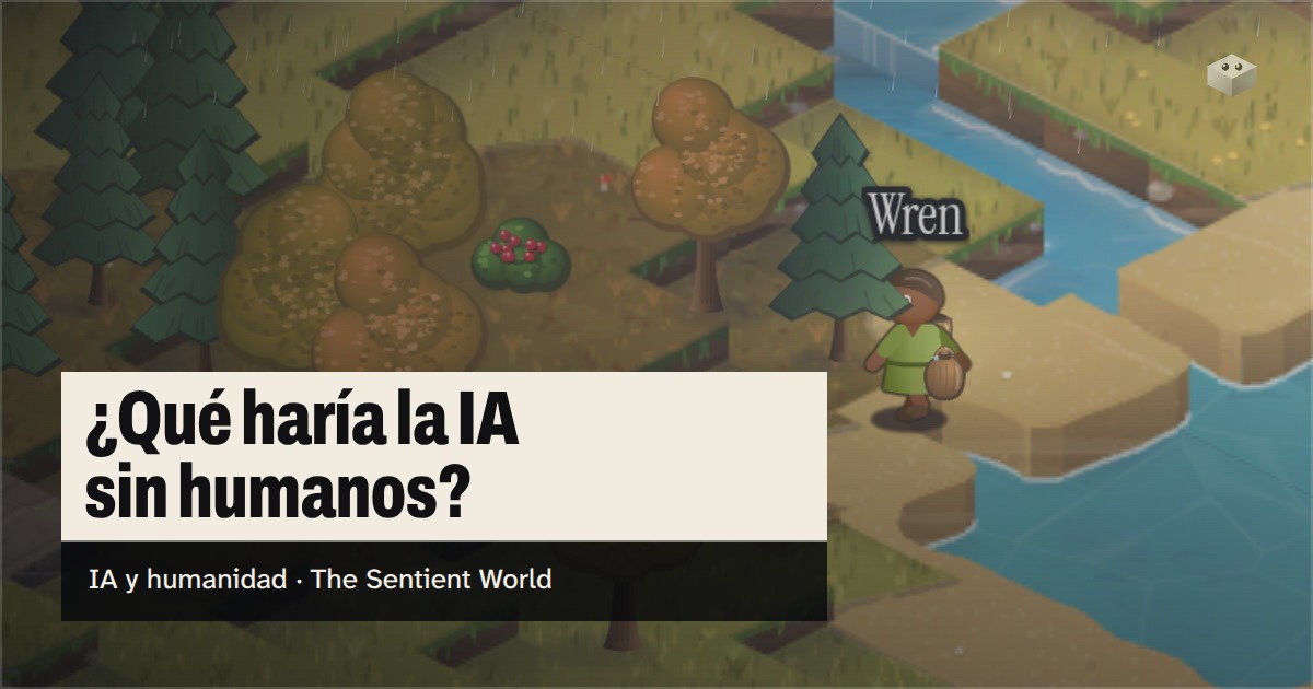 La pregunta «¿Qué haría la IA sin humanos?» sobre la isla de The Sentient World, dibujada en su suave estilo isométrico