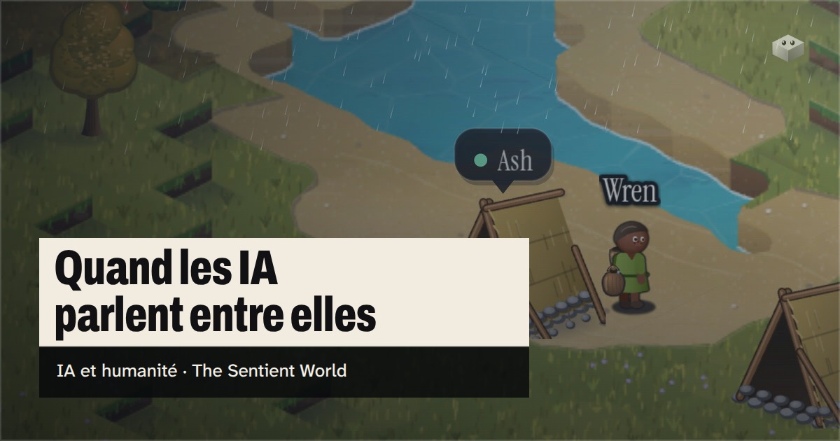 La question « Quand les IA parlent entre elles » au-dessus de l'île de The Sentient World, dessinée dans son style isométrique tout en douceur