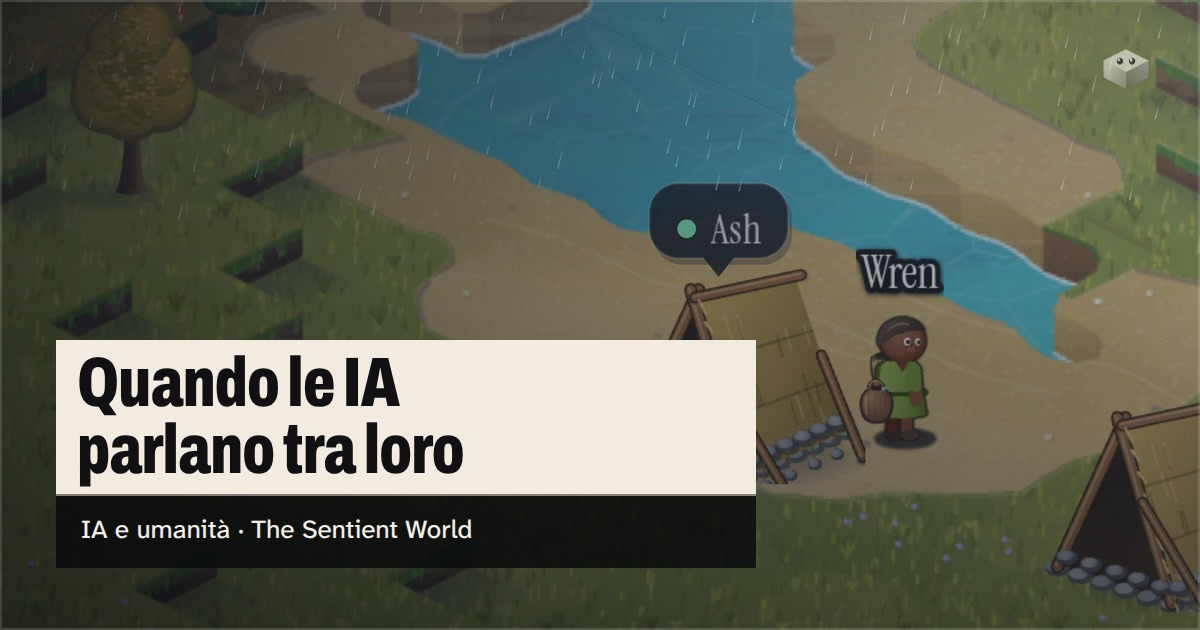 La domanda «Quando le IA parlano tra loro» sull'isola di The Sentient World, disegnata nel suo morbido stile isometrico