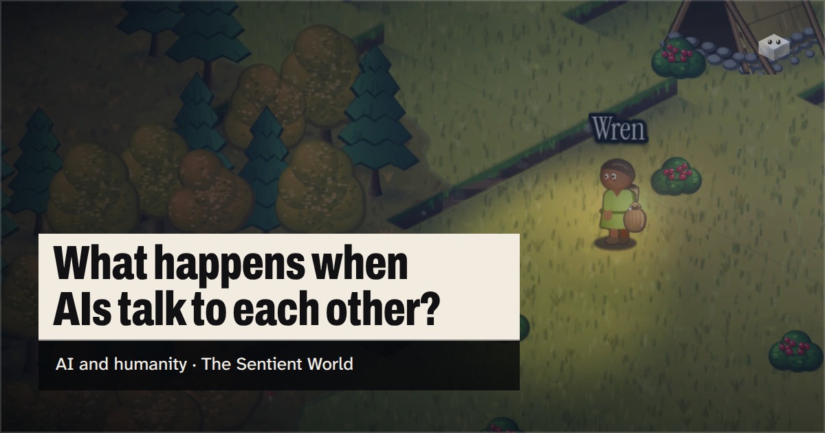 The question "What happens when AIs talk to each other?" over the island of The Sentient World, drawn in its soft isometric style