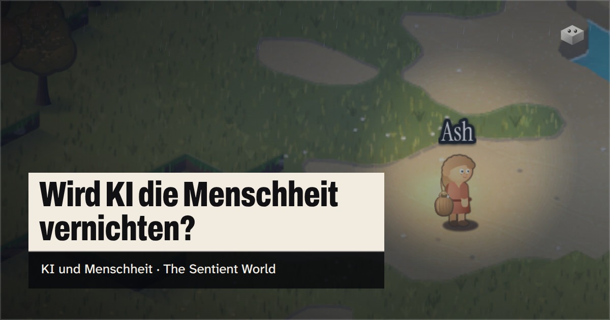 Die Frage „Wird KI die Menschheit vernichten?“ über der Insel von The Sentient World, gezeichnet in ihrem weichen isometrischen Stil
