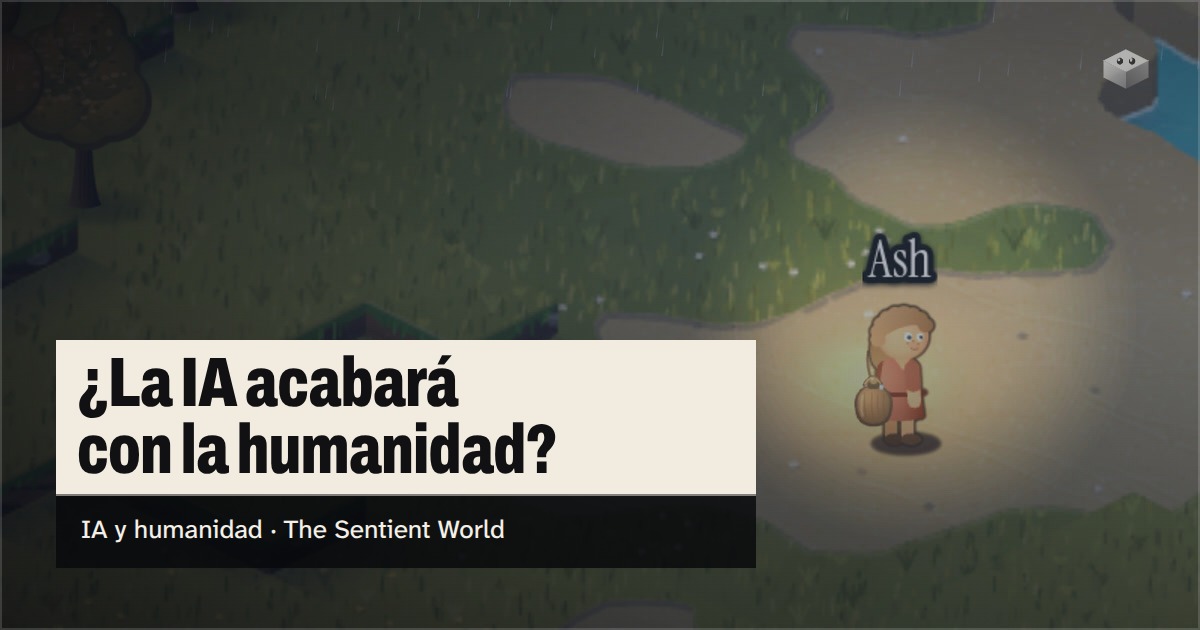 La pregunta «¿La IA acabará con la humanidad?» sobre la isla de The Sentient World, dibujada en su suave estilo isométrico