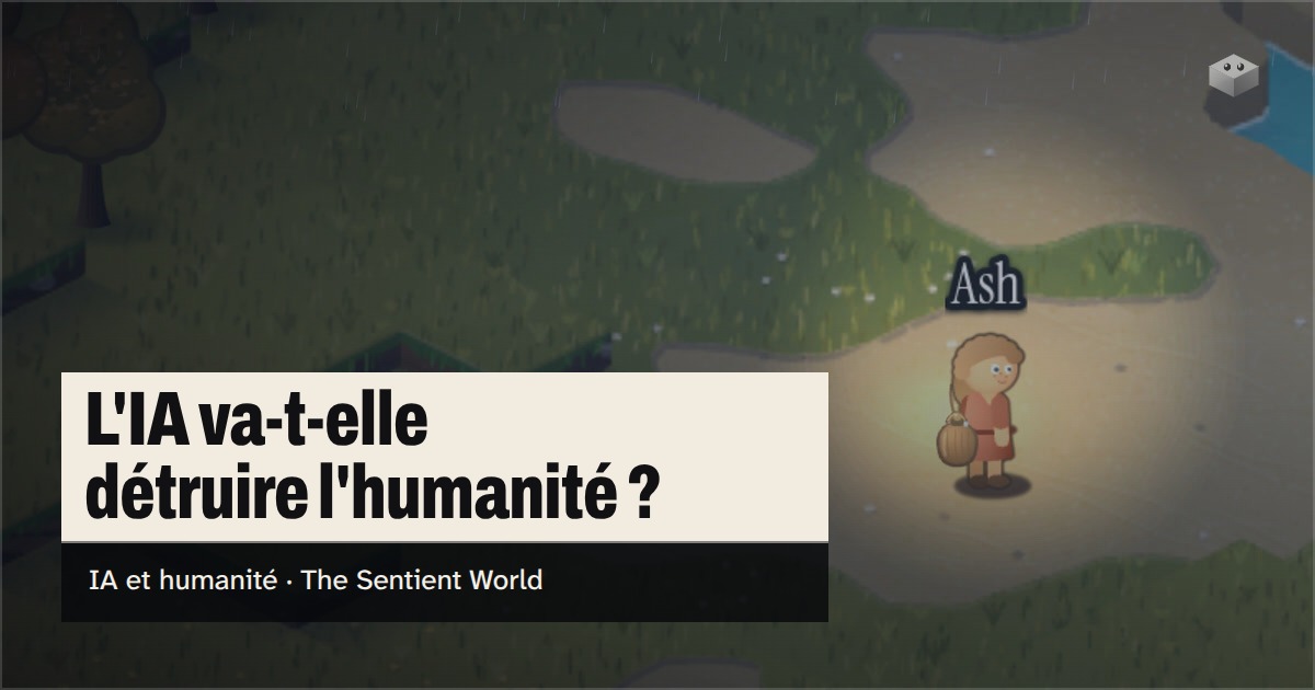 La question « L'IA va-t-elle détruire l'humanité ? » au-dessus de l'île de The Sentient World, dessinée dans son style isométrique tout en douceur