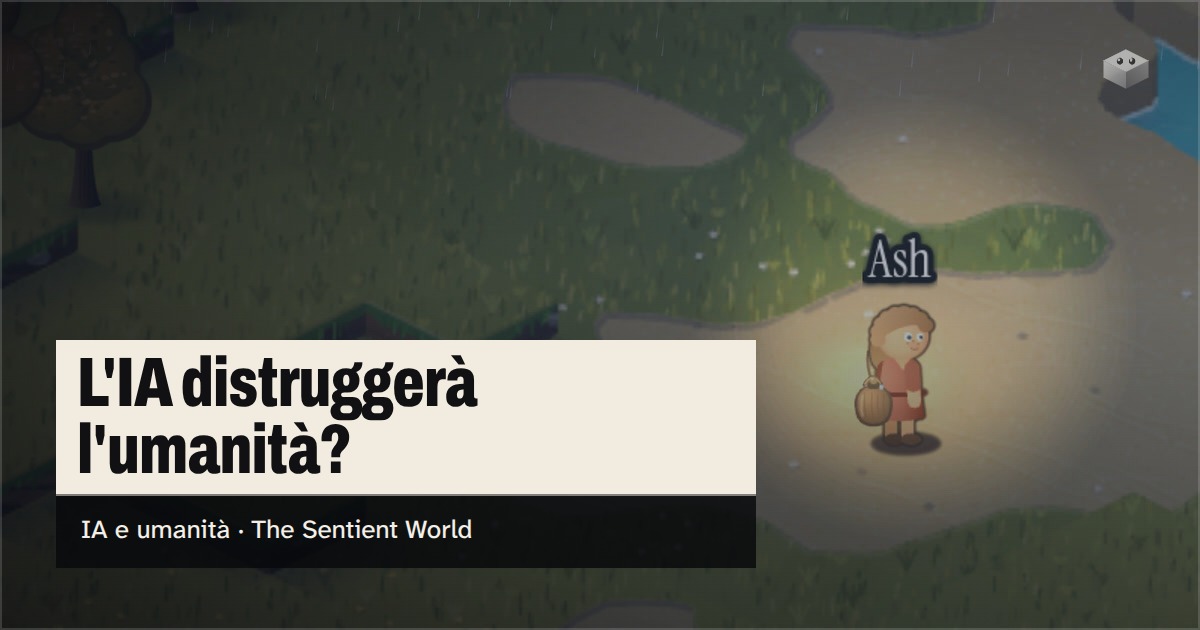 La domanda «L'IA distruggerà l'umanità?» sull'isola di The Sentient World, disegnata nel suo morbido stile isometrico