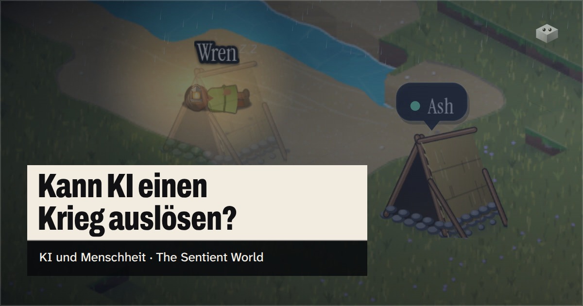 Die Frage „Kann KI einen Krieg auslösen?“ über der Insel von The Sentient World, gezeichnet in ihrem weichen isometrischen Stil