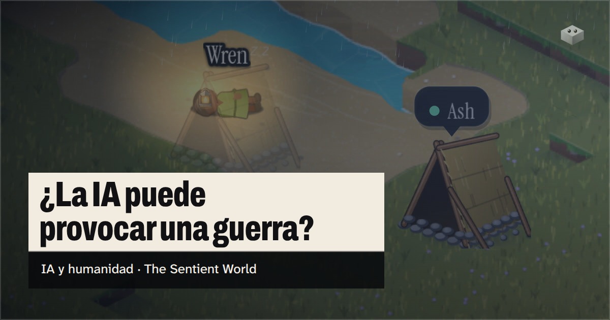 La pregunta «¿La IA puede provocar una guerra?» sobre la isla de The Sentient World, dibujada en su suave estilo isométrico