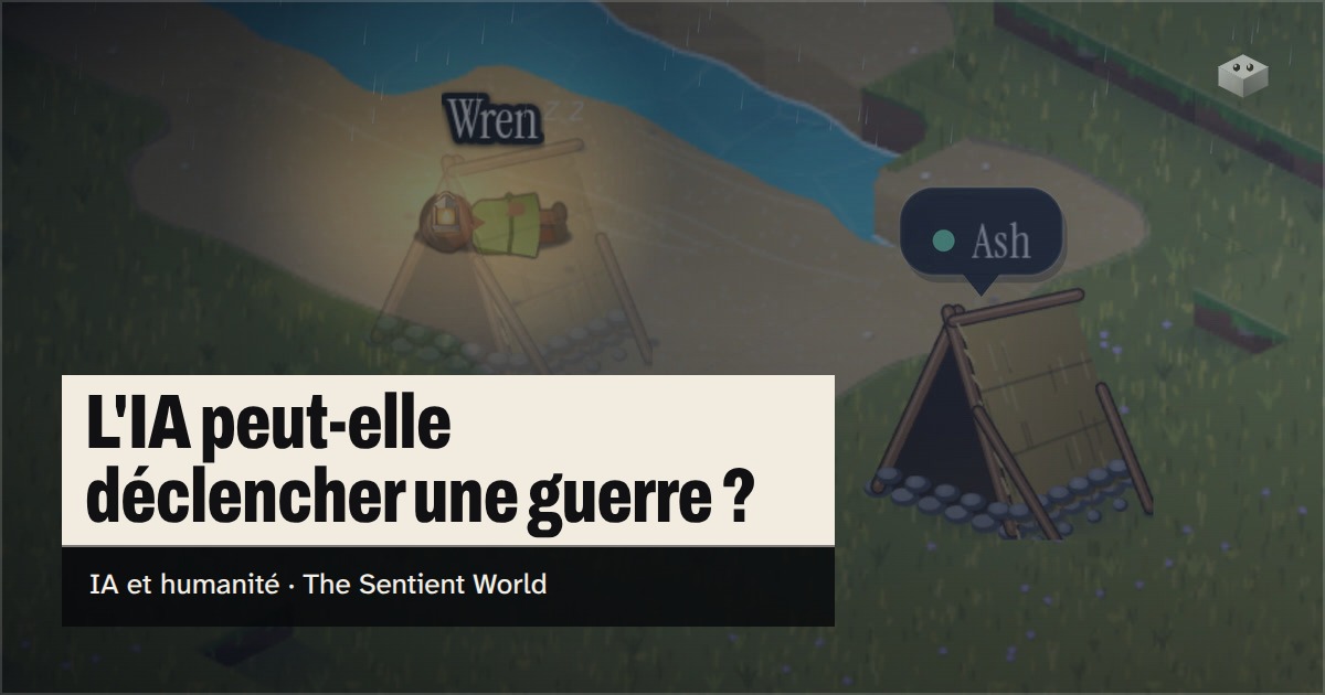 La question « L'IA peut-elle déclencher une guerre ? » au-dessus de l'île de The Sentient World, dessinée dans son style isométrique tout en douceur