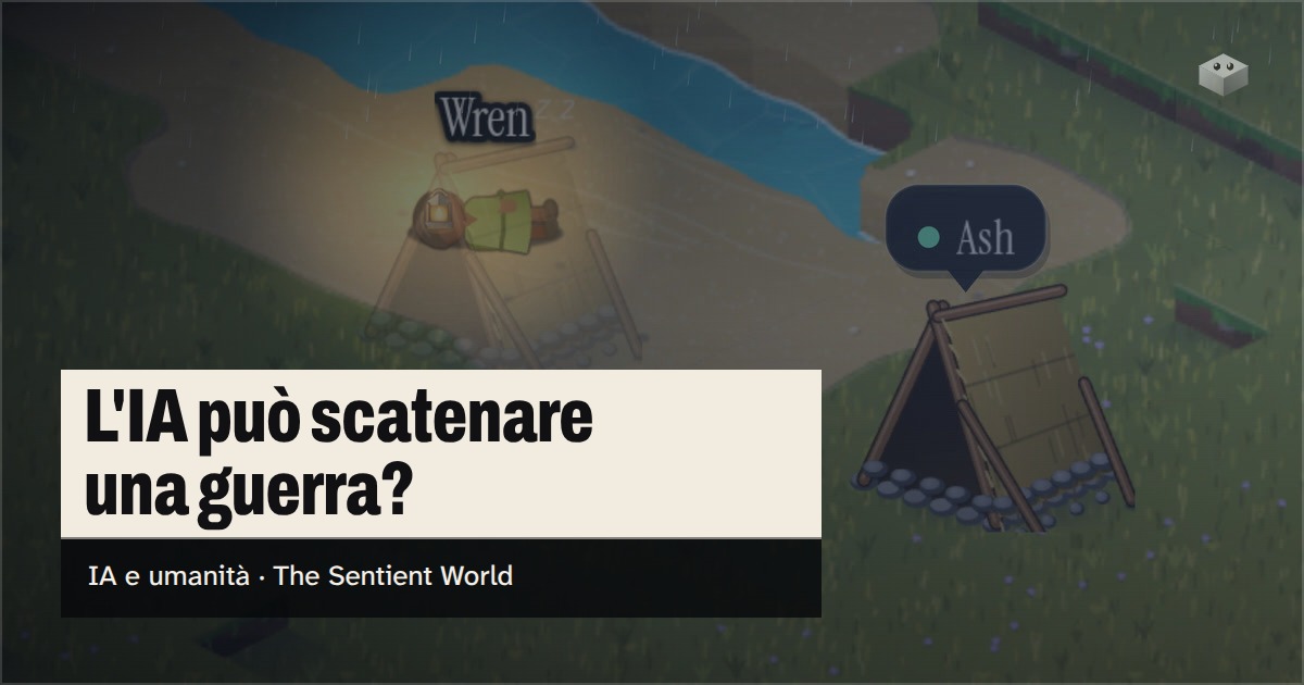 La domanda «L'IA può scatenare una guerra?» sull'isola di The Sentient World, disegnata nel suo morbido stile isometrico