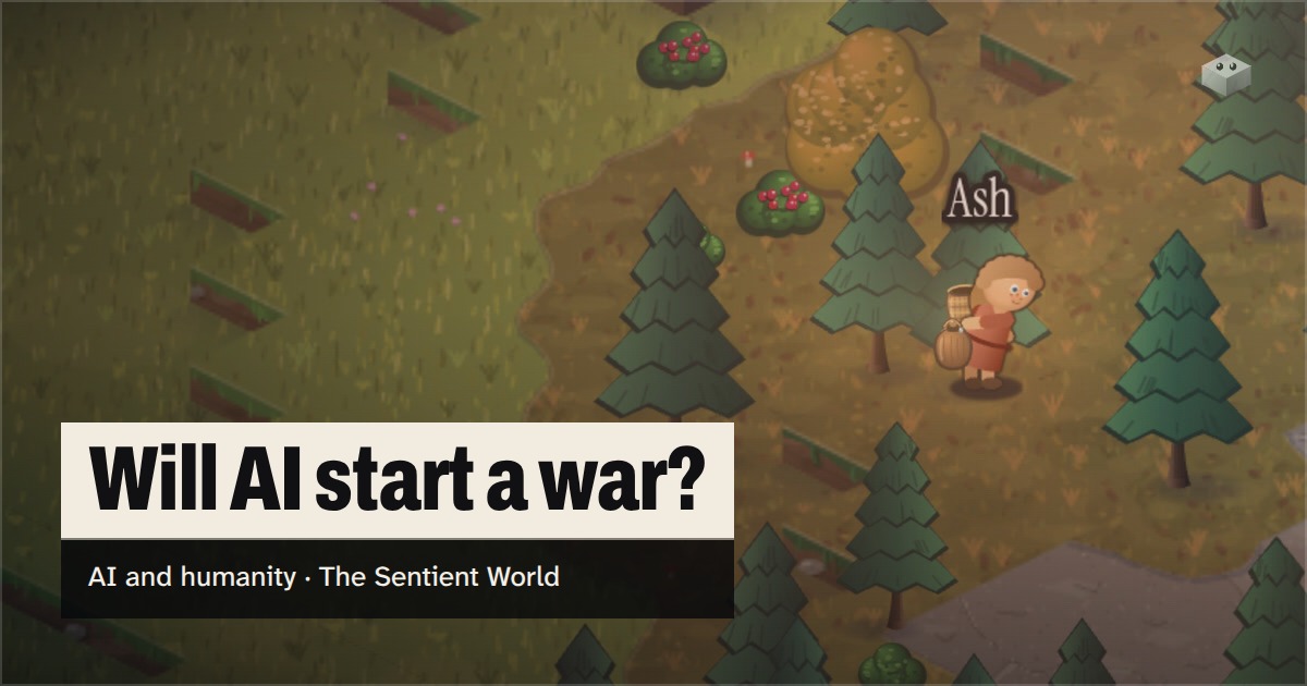 The question "Will AI start a war?" over the island of The Sentient World, drawn in its soft isometric style
