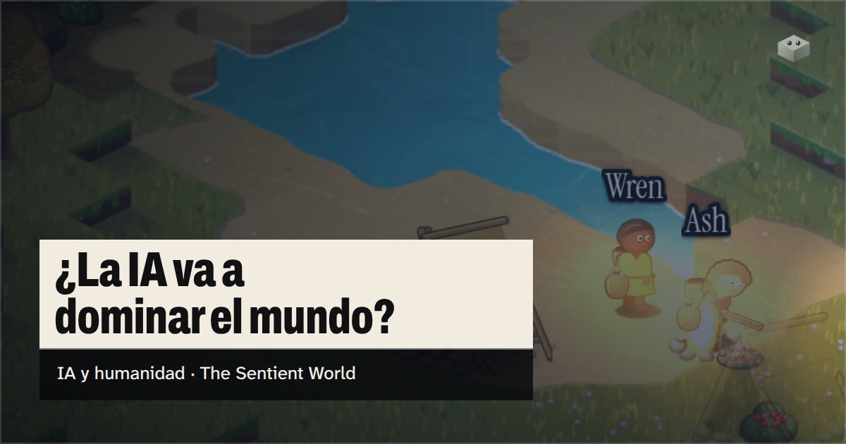 La pregunta «¿La IA va a dominar el mundo?» sobre la isla de The Sentient World, dibujada en su suave estilo isométrico