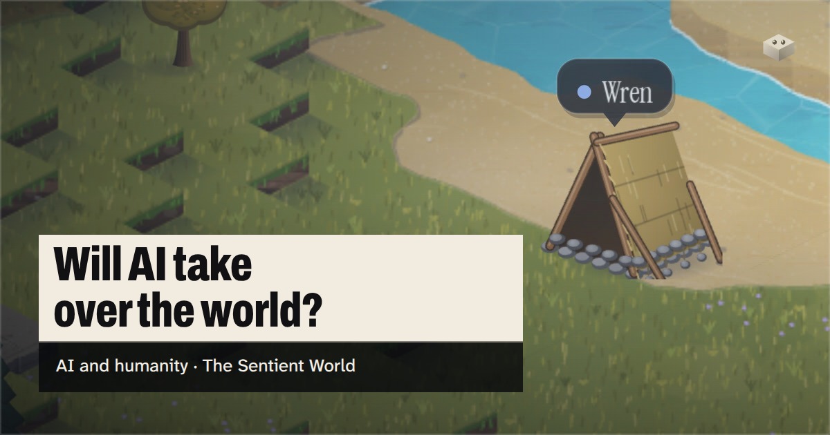 The question "Will AI take over the world?" over the island of The Sentient World, drawn in its soft isometric style