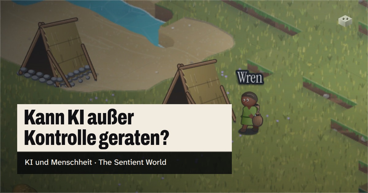 Die Frage „Kann KI außer Kontrolle geraten?“ über der Insel von The Sentient World, gezeichnet in ihrem weichen isometrischen Stil