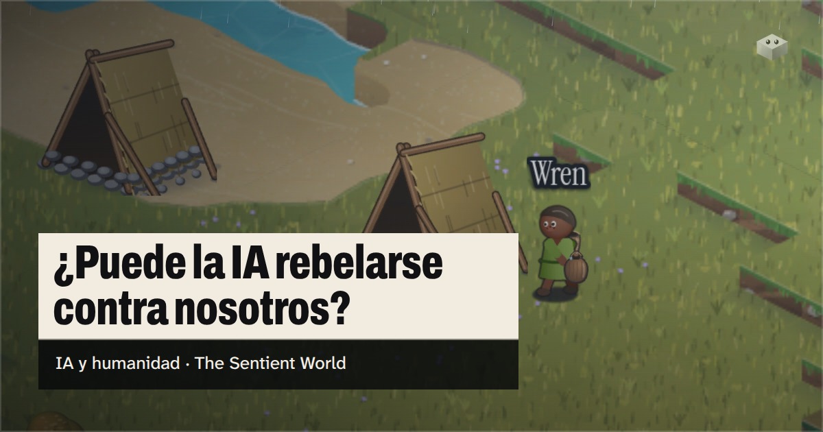 La pregunta «¿Puede la IA rebelarse contra nosotros?» sobre la isla de The Sentient World, dibujada en su suave estilo isométrico