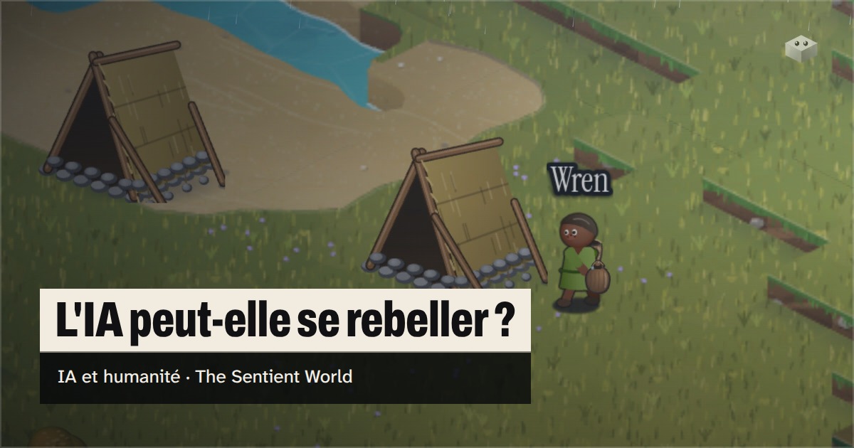 La question « L'IA peut-elle se rebeller ? » au-dessus de l'île de The Sentient World, dessinée dans son style isométrique tout en douceur