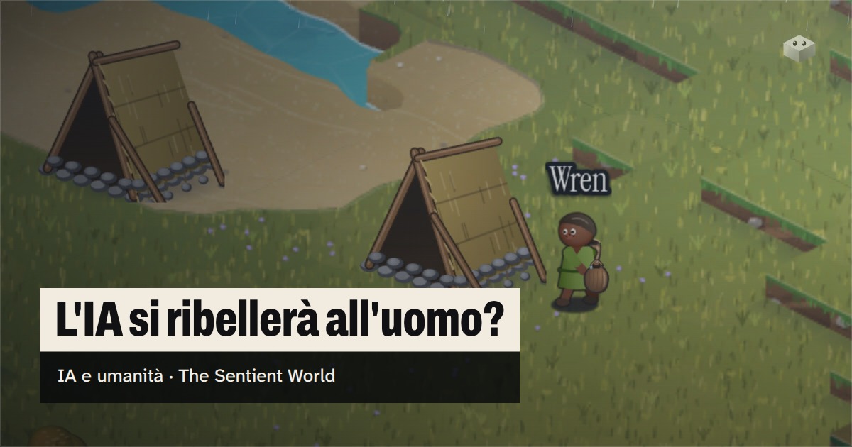 La domanda «L'IA si ribellerà all'uomo?» sull'isola di The Sentient World, disegnata nel suo morbido stile isometrico