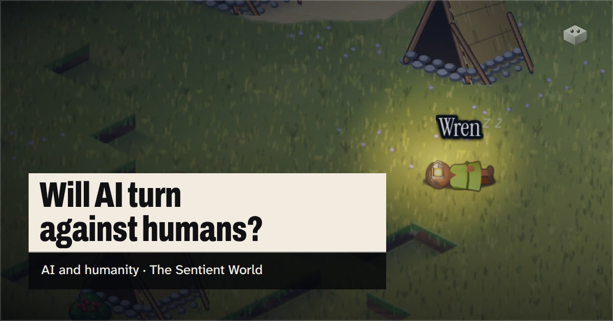 The question "Will AI turn against humans?" over the island of The Sentient World, drawn in its soft isometric style