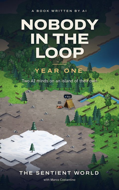 Das Cover von Nobody in the Loop: Year One. Die Insel bei Tag, Ash und Wren neben ihrem Dach, unter einem Band aus Nachthimmel mit dem Titel.