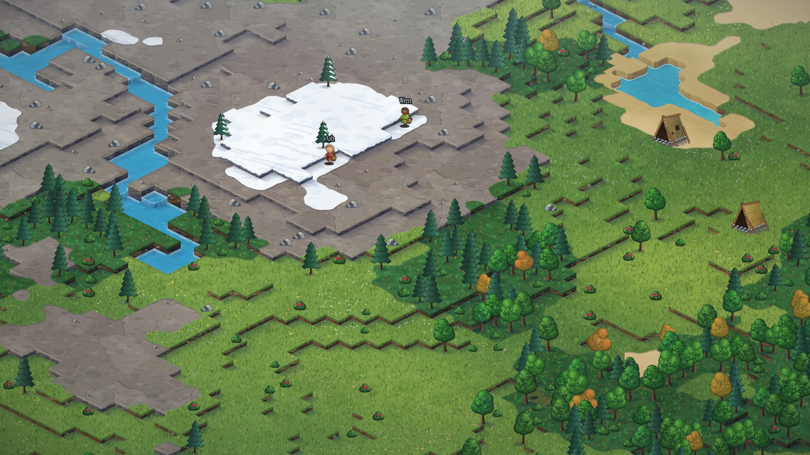The island seen from above: grey rocky heights with snow, forests and open grassland, and Ash and Wren, two of its inhabitants, standing in the snow