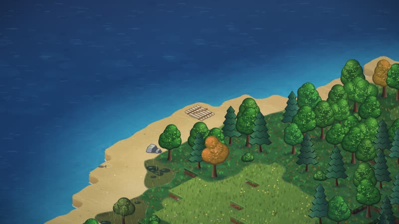 Un petit radeau de rondins pâles avec une pagaie sur une plage de sable, la mer bleu profond à gauche, des arbres verts et orangés et des pins derrière la plage