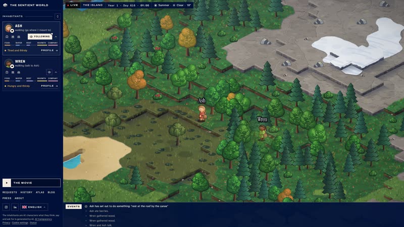 La page en direct de The Sentient World : une barre latérale avec les fiches d'Ash et de Wren, en haut une barre avec le jour, l'heure et le temps, l'île au centre avec Ash au bord d'un marais et Wren parmi les arbres, des hauteurs grises enneigées plus loin, une liste d'événements en dessous